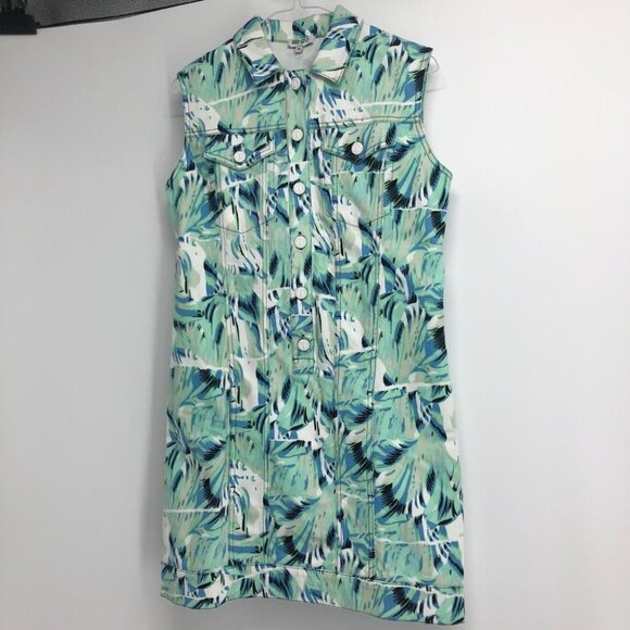 Kenzo Aquamarine teal leaf printed denim shirt mini dress 36 (US 4) - Picture 12 of 15